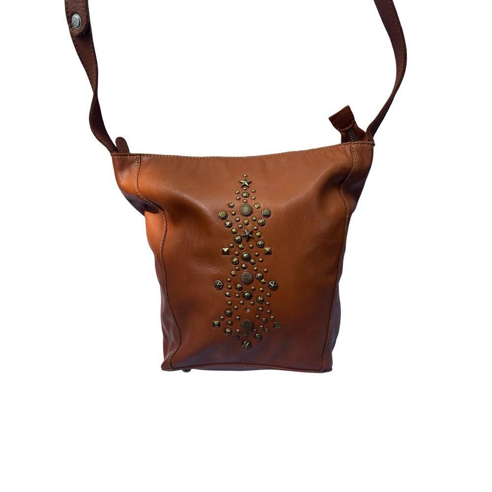 Vilencia Leather Crossbody Bag Brown Studded‎ Boho Messenger Purse Brass Studs